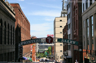 The Printer's Alley sign looking east toward the Colliseum in downtown Nashville.
