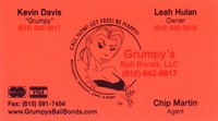 Leah Hulan's business card for Grumpys Bail Bonds. We found it funny that these neon orange business cards were on the counter at a liquor store in Franklin.