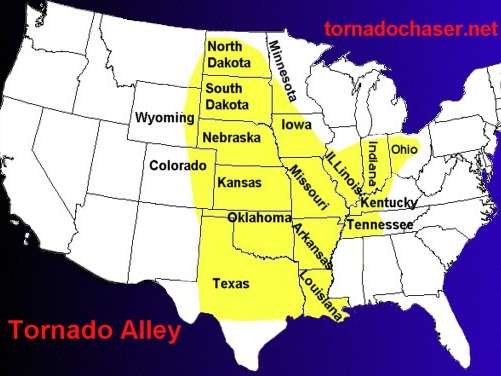 Tornado Alley map showing Tennessee.