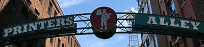 The sign over Printers Alley in Nashville, Tennessee.