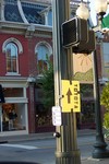 Toyota filming sign taped to a lightpost in downtown Franklin, Tennessee.